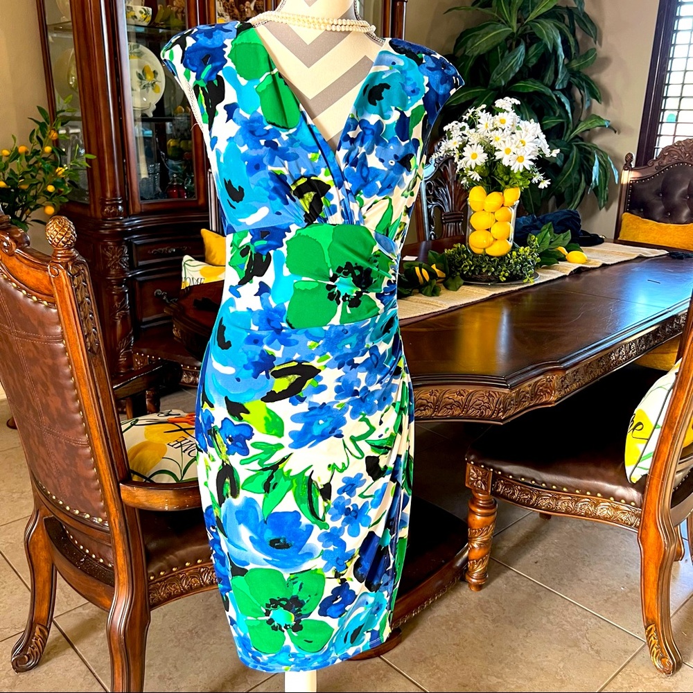 Ralph Lauren | blue+green floral wrap dress | size 6